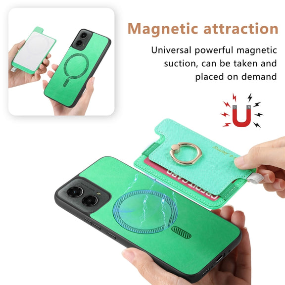 For Motorola Moto G 5G 2024 Retro Magsafe Cross Leather Ring Holder Card Bag Phone Case(Green)