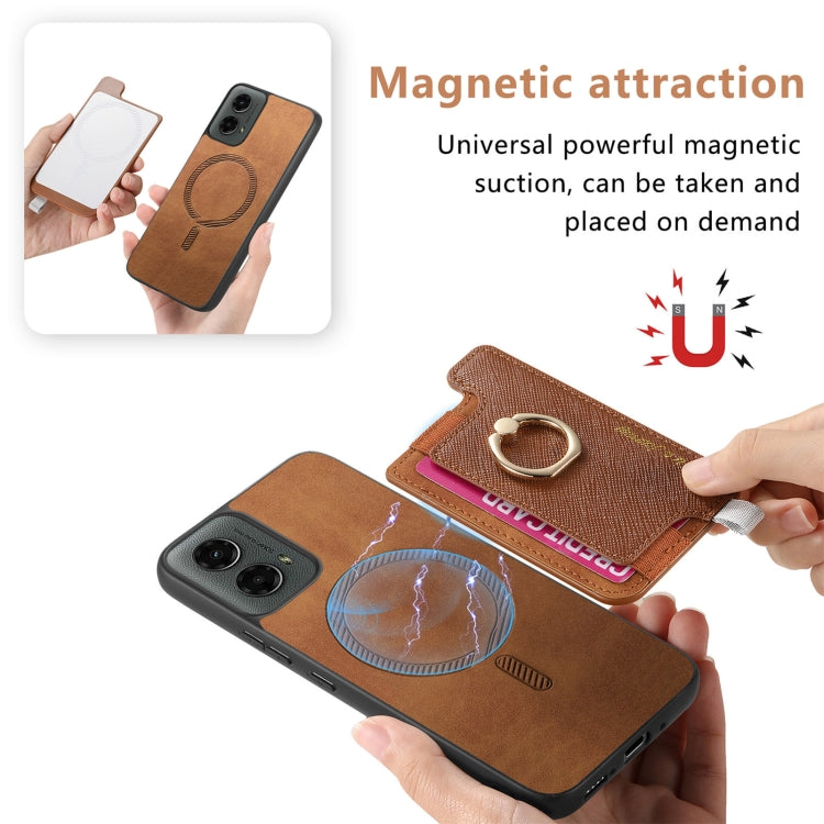 For Motorola Moto G 5G 2024 Retro Magsafe Cross Leather Ring Holder Card Bag Phone Case(Brown)
