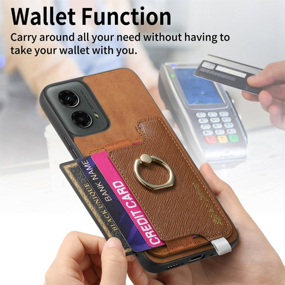 For Motorola Moto G 5G 2024 Retro Magsafe Cross Leather Ring Holder Card Bag Phone Case(Brown)
