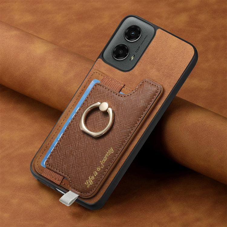 For Motorola Moto G 5G 2024 Retro Magsafe Cross Leather Ring Holder Card Bag Phone Case(Brown)