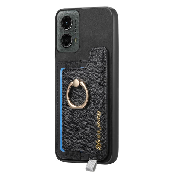 For Motorola Moto G 5G 2024 Retro Magsafe Cross Leather Ring Holder Card Bag Phone Case(Black)