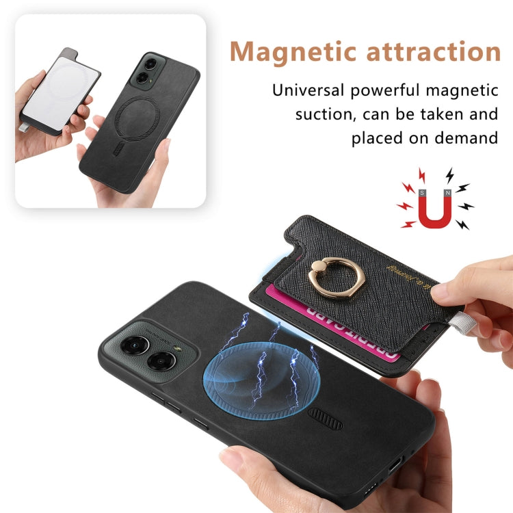 For Motorola Moto G 5G 2024 Retro Magsafe Cross Leather Ring Holder Card Bag Phone Case(Black)