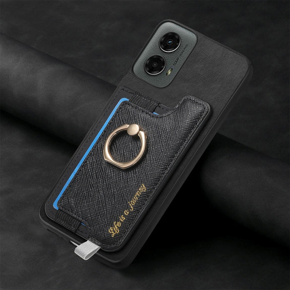 For Motorola Moto G 5G 2024 Retro Magsafe Cross Leather Ring Holder Card Bag Phone Case(Black)