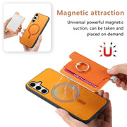 For Samsung Galaxy S25 5G Retro Cross Leather Ring Horizontal Insert Card Bag MagSafe Phone Case(Yellow)