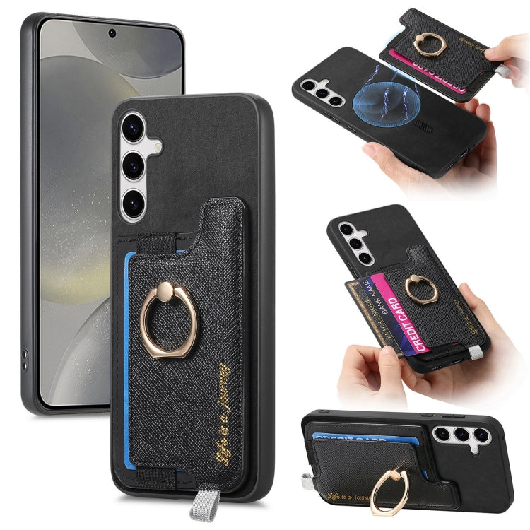 For Samsung Galaxy S25+ 5G Retro Cross Leather Ring Horizontal Insert Card Bag MagSafe Phone Case(Black) - free shipping - PMC Jewellery - Order now!