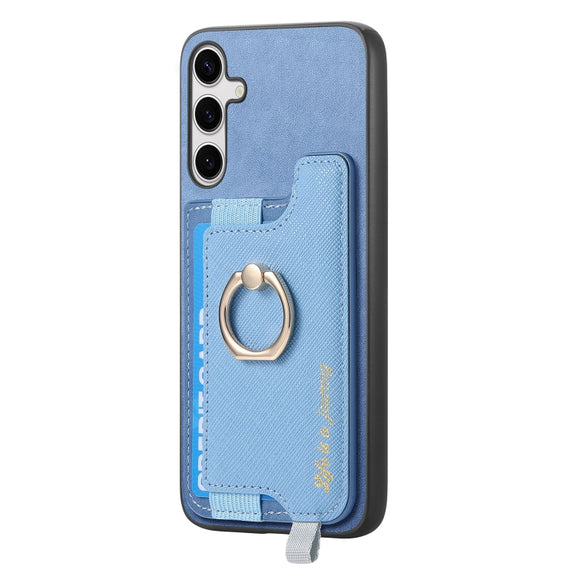 For Samsung Galaxy S25 Ultra 5G Retro Cross Leather Ring Horizontal Insert Card Bag MagSafe Phone Case(Blue)