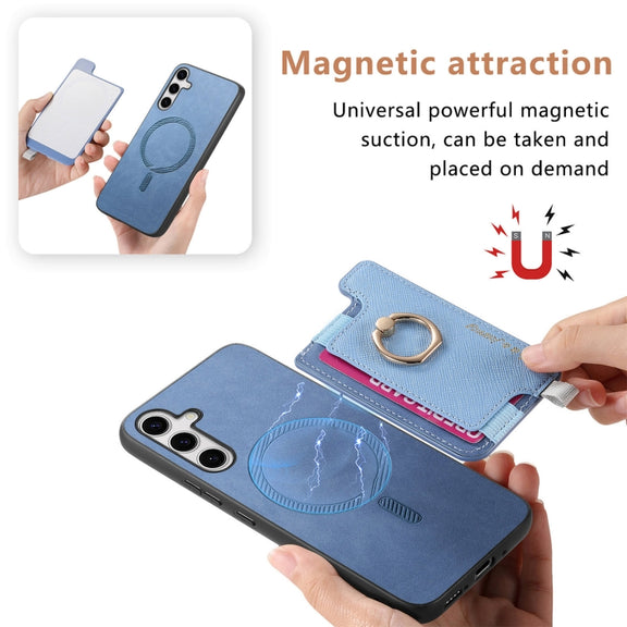 For Samsung Galaxy S25 Ultra 5G Retro Cross Leather Ring Horizontal Insert Card Bag MagSafe Phone Case(Blue)