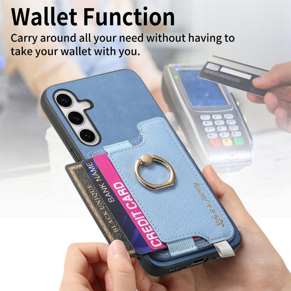 For Samsung Galaxy S25 Ultra 5G Retro Cross Leather Ring Horizontal Insert Card Bag MagSafe Phone Case(Blue)