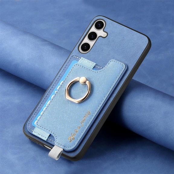 For Samsung Galaxy S25 Ultra 5G Retro Cross Leather Ring Horizontal Insert Card Bag MagSafe Phone Case(Blue)