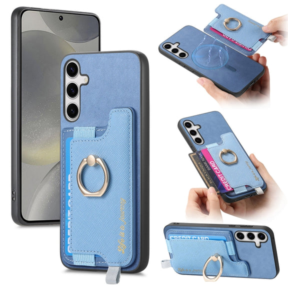For Samsung Galaxy S25 Ultra 5G Retro Cross Leather Ring Horizontal Insert Card Bag MagSafe Phone Case(Blue)