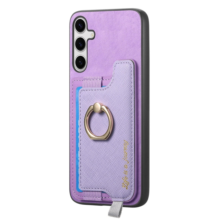 For Samsung Galaxy S25 Ultra 5G Retro Cross Leather Ring Horizontal Insert Card Bag MagSafe Phone Case(Purple)