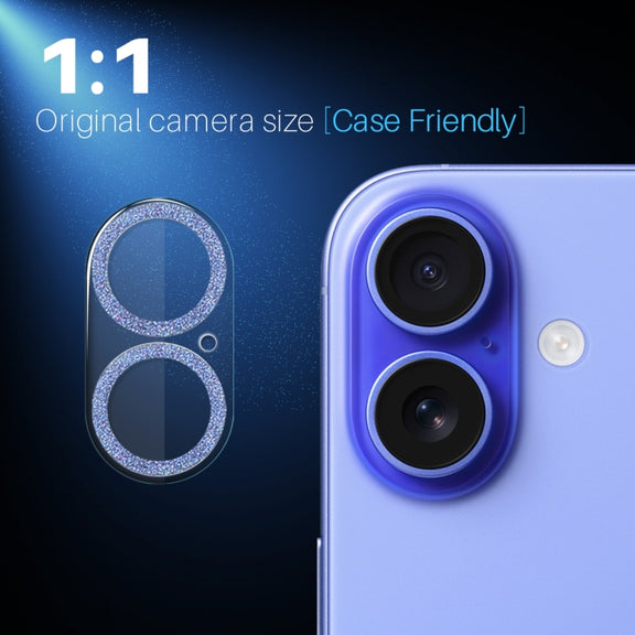 For iPhone 16 / 16 Plus NORTHJO Camera Lens Protector Glitter Ring 3D Tempered Glass Film(Blue)