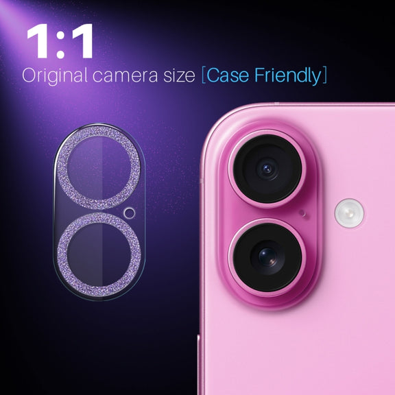 For iPhone 16 / 16 Plus NORTHJO Camera Lens Protector Glitter Ring 3D Tempered Glass Film(Purple)