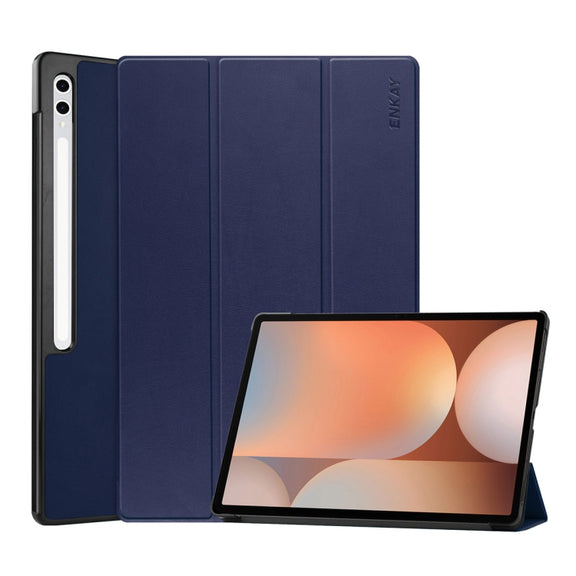 For Samsung Galaxy Tab S10 Ultra / S9 Ultra ENKAY Tri-fold Custer Texture Plastic Leather Smart Tablet Case with Pen Slot(Dark Blue)
