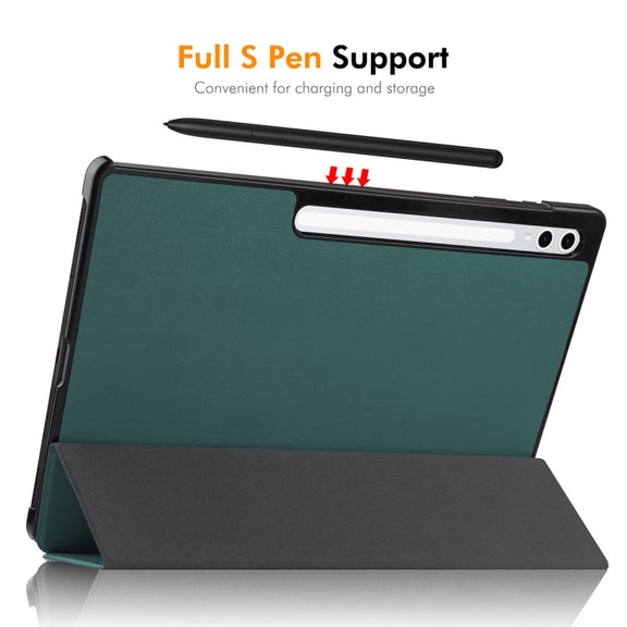 For Samsung Galaxy Tab S10 Ultra / S9 Ultra ENKAY Tri-fold Custer Texture Plastic Leather Smart Tablet Case with Pen Slot(Dark Blue)