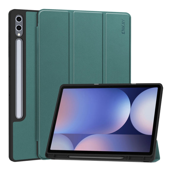 For Samsung Galaxy Tab S10+ / S9+ / S9 FE+ ENKAY Tri-fold Custer Texture TPU Leather Smart Tablet Case with Pen Slot(Dark Green)