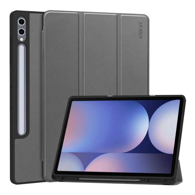 For Samsung Galaxy Tab S10+ / S9+ / S9 FE+ ENKAY Tri-fold Custer Texture TPU Leather Smart Tablet Case with Pen Slot(Grey) - free shipping - PMC Jewellery - Order now!