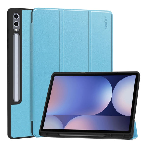 For Samsung Galaxy Tab S10+ / S9+ / S9 FE+ ENKAY Tri-fold Custer Texture TPU Leather Smart Tablet Case with Pen Slot(Light Blue)