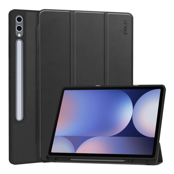 For Samsung Galaxy Tab S10 Ultra / S9 Ultra ENKAY Tri-fold Custer Texture TPU Leather Smart Tablet Case with Pen Slot(Black)