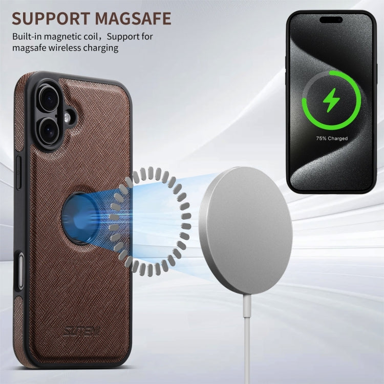 For iPhone 16 Plus Suteni G1 Cross Texture MagSafe Phone Case(Brown)
