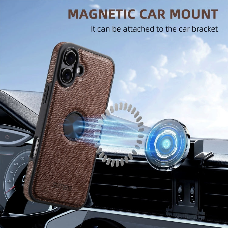 For iPhone 16 Plus Suteni G1 Cross Texture MagSafe Phone Case(Brown)