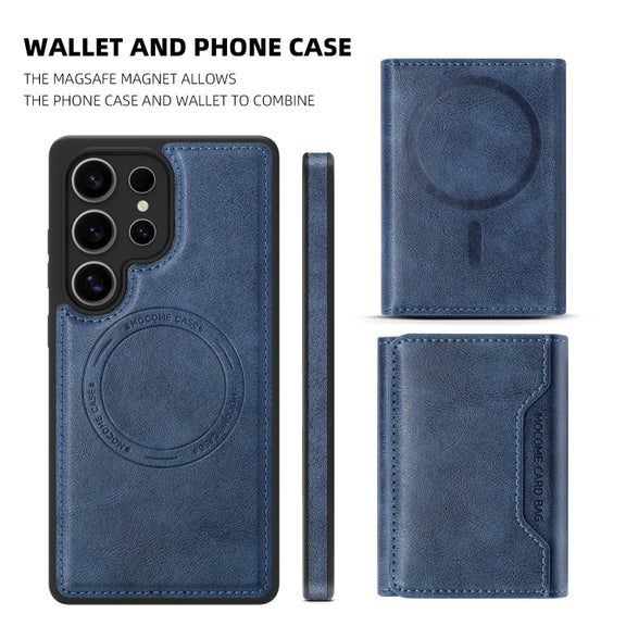 For Samsung Galaxy S25 5G Shield Multi-functional MagSafe Card Bag Phone Case(Blue)