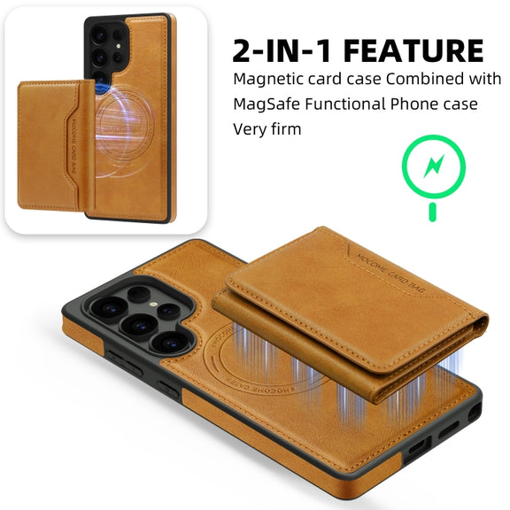 For Samsung Galaxy S25+ 5G Shield Multi-functional MagSafe Card Bag Phone Case(Brown)