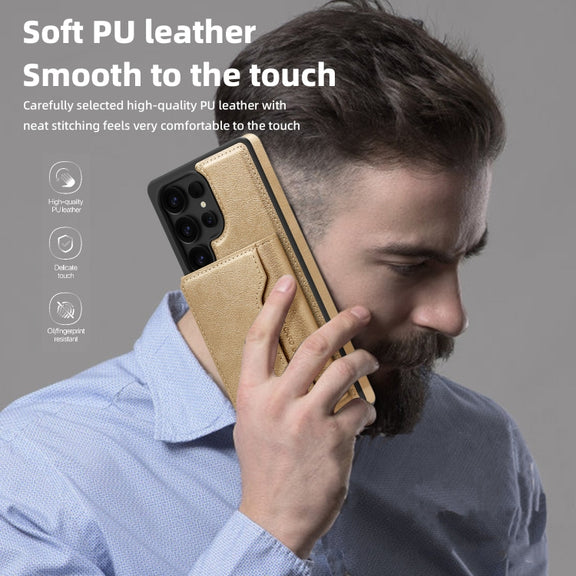 For Samsung Galaxy S25 Ultra 5G Shield Multi-functional MagSafe Card Bag Phone Case(Desert Gold)