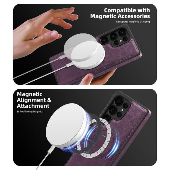 For Samsung Galaxy S25 Ultra 5G Shield Multi-functional MagSafe Card Bag Phone Case(Purple)