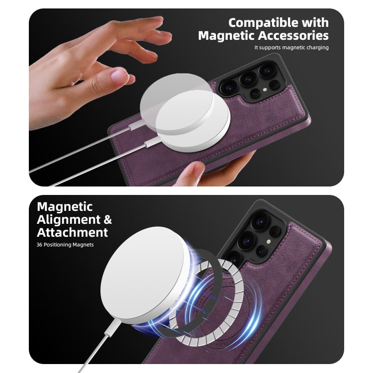 For Samsung Galaxy S25 Ultra 5G Shield Multi-functional MagSafe Card Bag Phone Case(Purple)