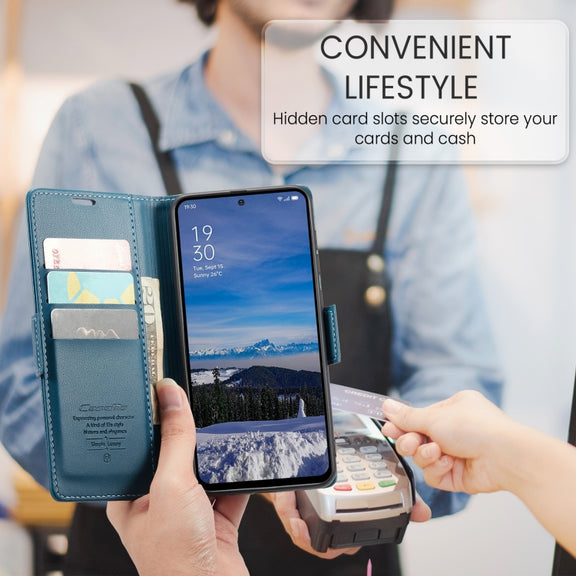 For OPPO Reno12 5G Global CaseMe 023 Butterfly Buckle Litchi Texture RFID Anti-theft Leather Phone Case(Blue)