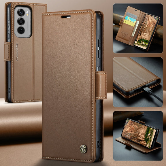 For OPPO Reno12 5G Global CaseMe 023 Butterfly Buckle Litchi Texture RFID Anti-theft Leather Phone Case(Brown)
