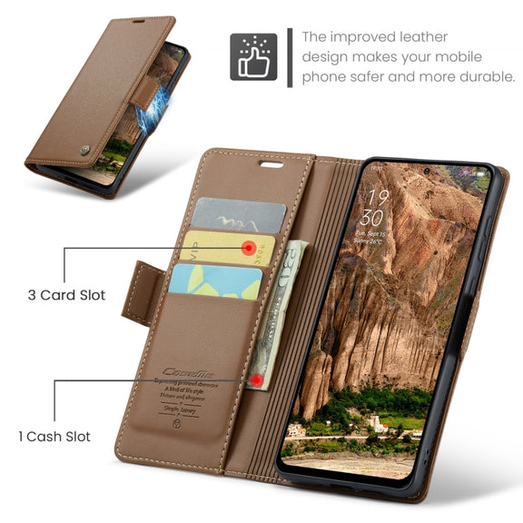 For OPPO Reno12 5G Global CaseMe 023 Butterfly Buckle Litchi Texture RFID Anti-theft Leather Phone Case(Brown)
