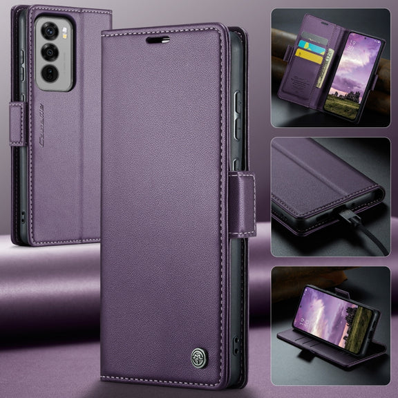 For OPPO Reno12 5G Global CaseMe 023 Butterfly Buckle Litchi Texture RFID Anti-theft Leather Phone Case(Purple)