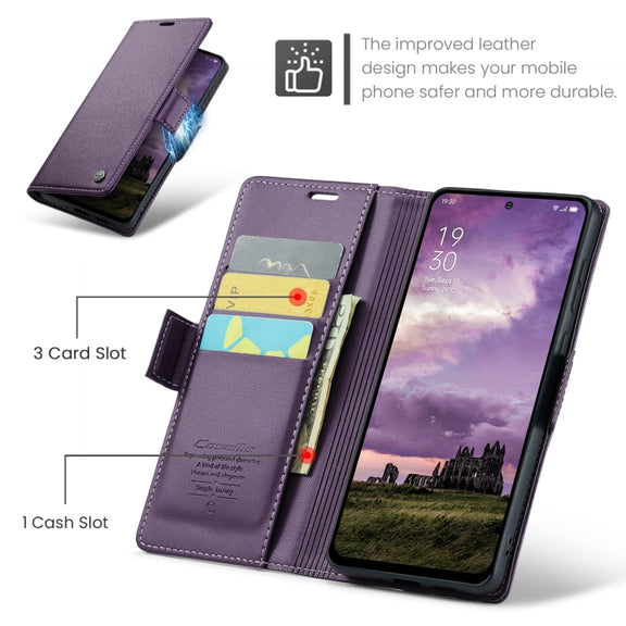 For OPPO Reno12 5G Global CaseMe 023 Butterfly Buckle Litchi Texture RFID Anti-theft Leather Phone Case(Purple)