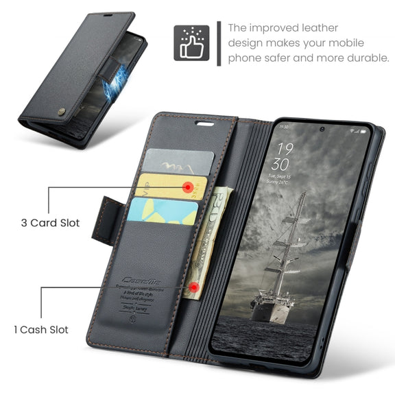 For OPPO Reno12 Pro 5G Global CaseMe 023 Butterfly Buckle Litchi Texture RFID Anti-theft Leather Phone Case(Black)