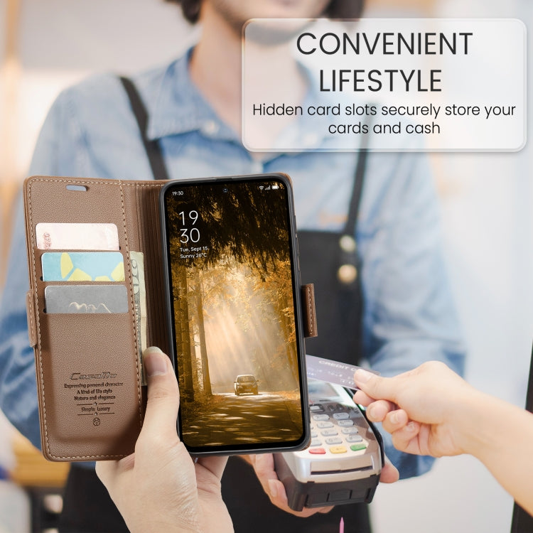 For OPPO Reno12 F /12 FS 5G CaseMe 023 Butterfly Buckle Litchi Texture RFID Anti-theft Leather Phone Case(Brown) - OPPO Cases by CaseMe | Online Shopping South Africa | PMC Jewellery | Buy Now Pay Later Mobicred