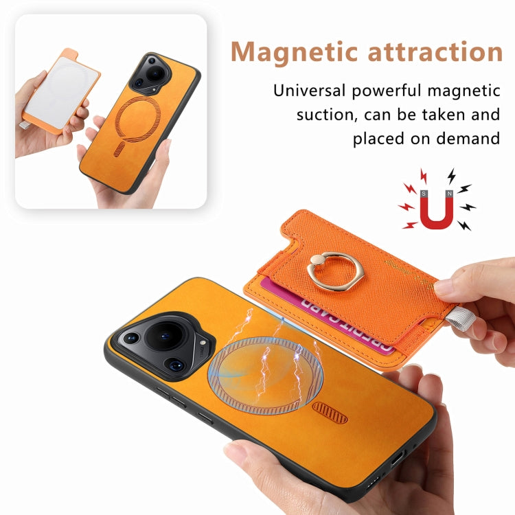 For Huawei Pura 70 Pro Retro Magsafe Cross Leather Ring Holder Card Bag Phone Case(Yellow)