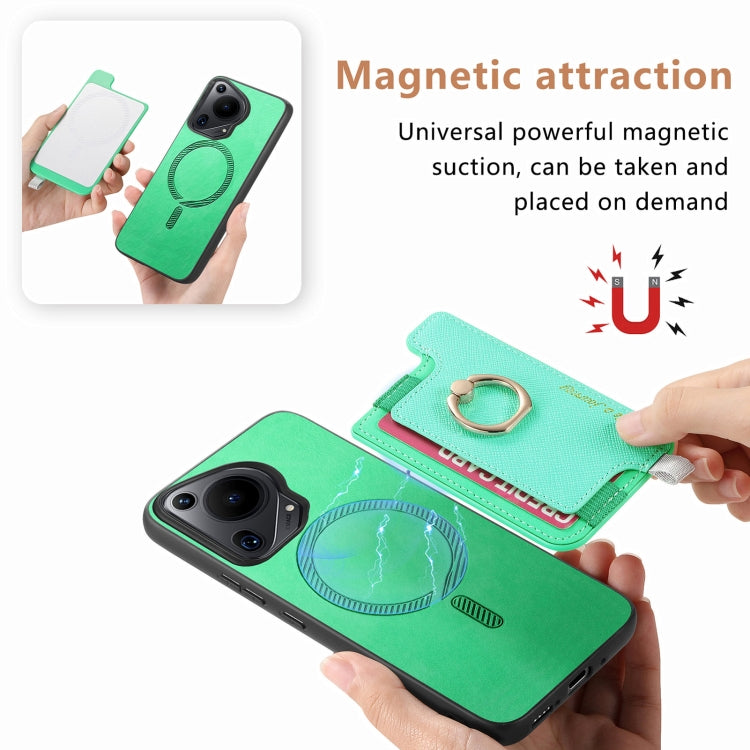 For Huawei Pura 70 Pro Retro Magsafe Cross Leather Ring Holder Card Bag Phone Case(Green)