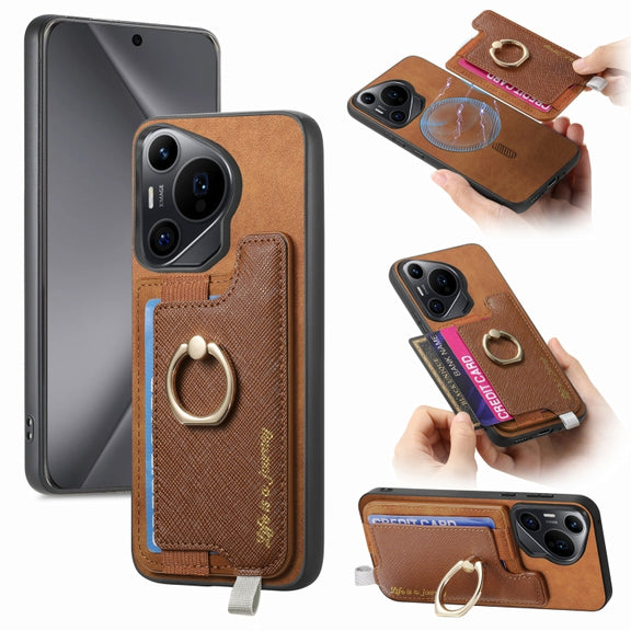For Huawei Pura 70 Pro Retro Magsafe Cross Leather Ring Holder Card Bag Phone Case(Brown)