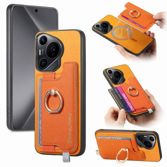For Huawei Pura 70 Pro+ Retro Magsafe Cross Leather Ring Holder Card Bag Phone Case(Yellow)