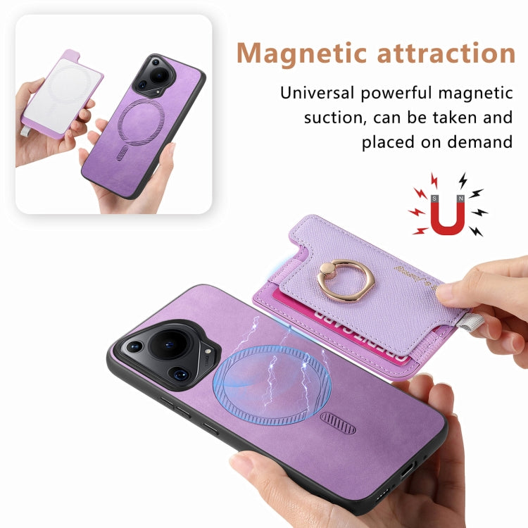 For Huawei Pura 70 Pro+ Retro Magsafe Cross Leather Ring Holder Card Bag Phone Case(Purple)