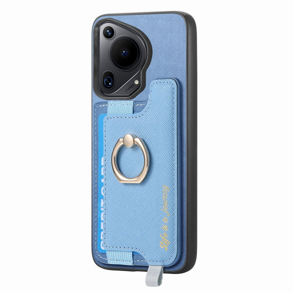 For Huawei Pura 70 Ultra Retro Magsafe Cross Leather Ring Holder Card Bag Phone Case(Blue)