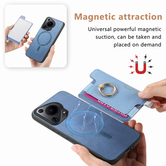 For Huawei Pura 70 Ultra Retro Magsafe Cross Leather Ring Holder Card Bag Phone Case(Blue)