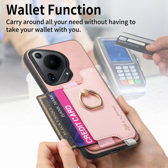 For Huawei Pura 70 Ultra Retro Magsafe Cross Leather Ring Holder Card Bag Phone Case(Pink)