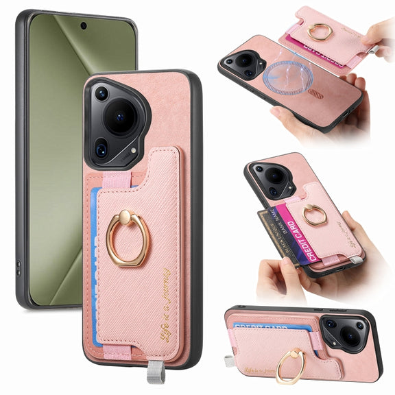 For Huawei Pura 70 Ultra Retro Magsafe Cross Leather Ring Holder Card Bag Phone Case(Pink)