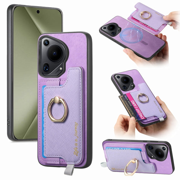 For Huawei Pura 70 Ultra Retro Magsafe Cross Leather Ring Holder Card Bag Phone Case(Purple)