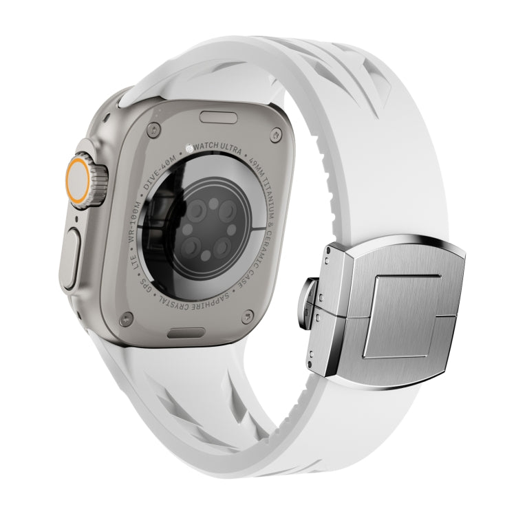 For Apple Watch 44mm / 45mm / 46mm / 49mm Tailor Stainless Steel Silver Butterfly Buckle Silicone Watch Band(White)