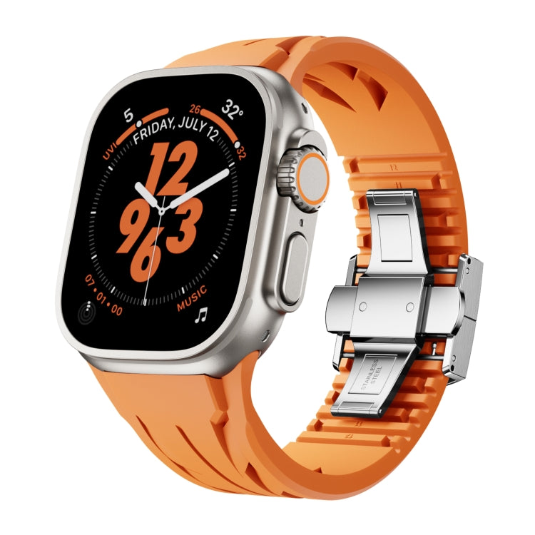 For Apple Watch 44mm / 45mm / 46mm / 49mm Tailor Stainless Steel Silver Butterfly Buckle Silicone Watch Band(Orange) - free shipping - PMC TechLife - Order now!