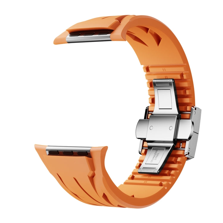 For Apple Watch 44mm / 45mm / 46mm / 49mm Tailor Stainless Steel Silver Butterfly Buckle Silicone Watch Band(Orange)